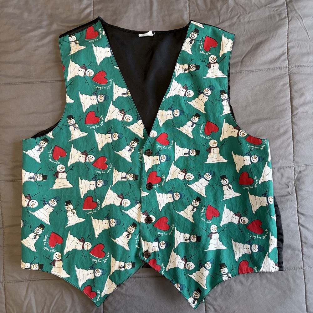 VTG Large 90s Snowman Green Vest Hearts Kitschy Cottage Unisex Formal Cotton